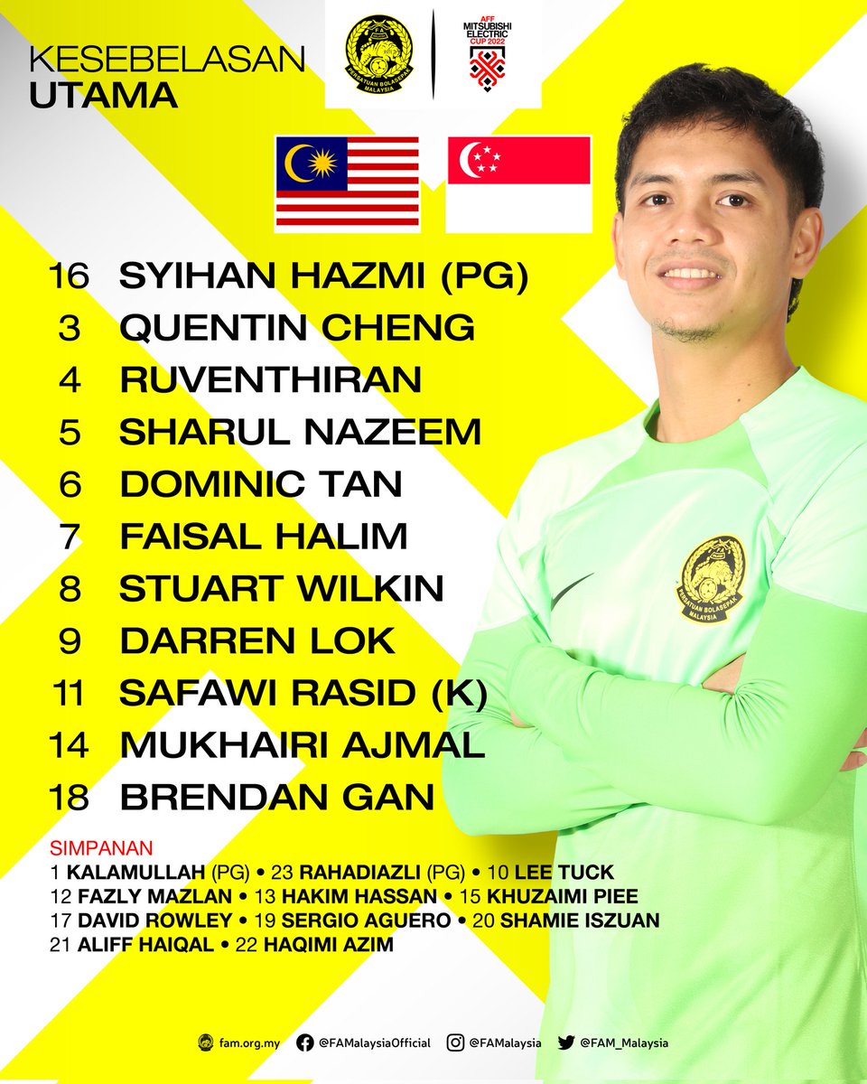 Kesebelasan Utama &amp; Pemain Simpanan Harimau Malaya

Piala Mitsubishi Electric AFF 2022 | Selasa, 3 Januari 2023

⚽️ MALAYSIA 🇲🇾 🆚️ 🇸🇬 SINGAPURA
🕣 8.30 malam ini
🏟 Stadium Nasional, Bukit Jalil

#FAM #HarimauMalaya #AFFMitsubishiElectricCup2022