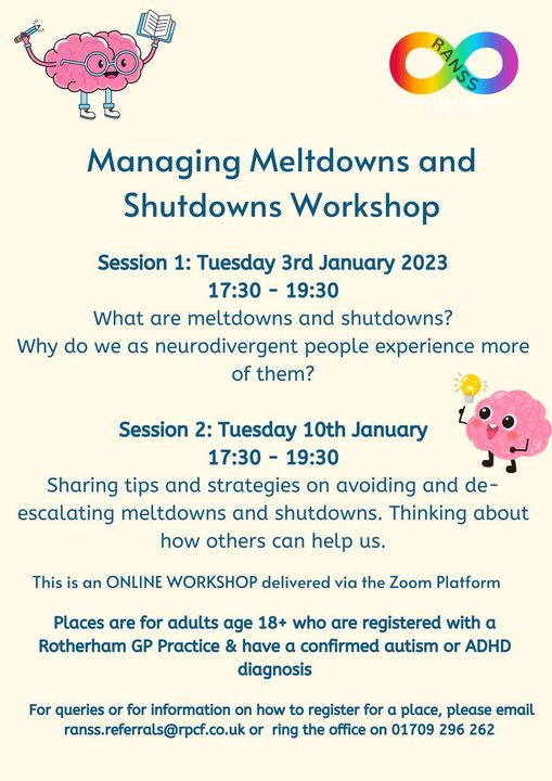 🔥Spaces still available🔥
Managing Meltdowns and Shutdowns Workshop Pt.1 (Online) for #Neurodiverse #Neurodivergent adults (#Autism #ADHD) in #Rotherham #Tuesday 3rd Jan 
ranss.co.uk/news/managing-…
#meltdown #ShutDown #support #Information #onlinecourse