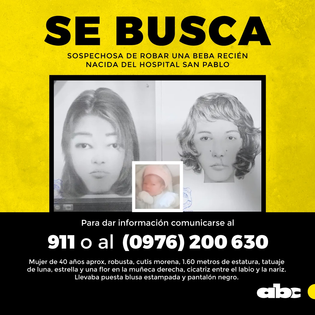 ¡Compartiendo ayudás muchísimo! 🙏

🔸 Este es el nuevo identikit facilitado por la <a href="/policia_py/">Policía Nacional del Paraguay</a> de la mujer que se llevó a la beba del Hospital San Pablo.

🔸 Si tenés información, comunicate al 911 o al (0976) 200630.

📲 abc.com.py/policiales/202…