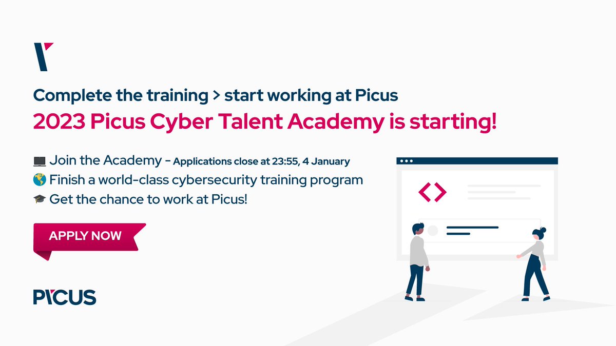 Our member company, @PicusSecurity's 2023 Cyber Talent Academy begins! 🚀

Deadline: January 4

Students who take part in our Cyber Talent Academy in 2023 will have a fantastic foundation of knowledge and skills to start their careers in cybersecurity

➡️ hubs.li/Q01wC3ct0