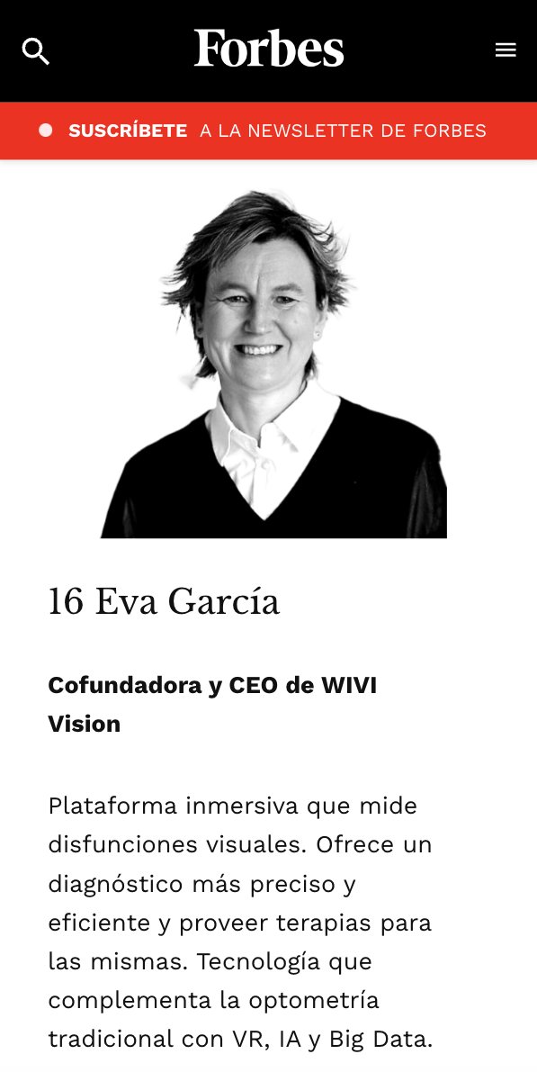 WIVIvision's tweet photo. Para @WIVIvision es un honor que @Forbes_es haya elegido a nuestra CEO y Cofundadora, @eva_garciaramos, como uno de los 23 profesionales #ChangeMakers que transforman la realidad hacia un futuro más prometedor. Gracias a @E_Molina_ por valorar su experiencia y el impacto de #WIVI https://t.co/NNGkrPTO0f