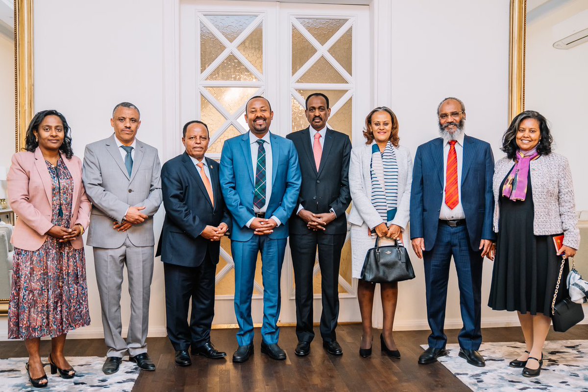 AbiyAhmedAli's tweet photo. To serve one’s nation so admirably is an honour. I would like to express my gratitude to our Ambassadors’ that have completed their terms, for their unreserved representation of #Ethiopia on the world stage. https://t.co/qmFAy6IthH