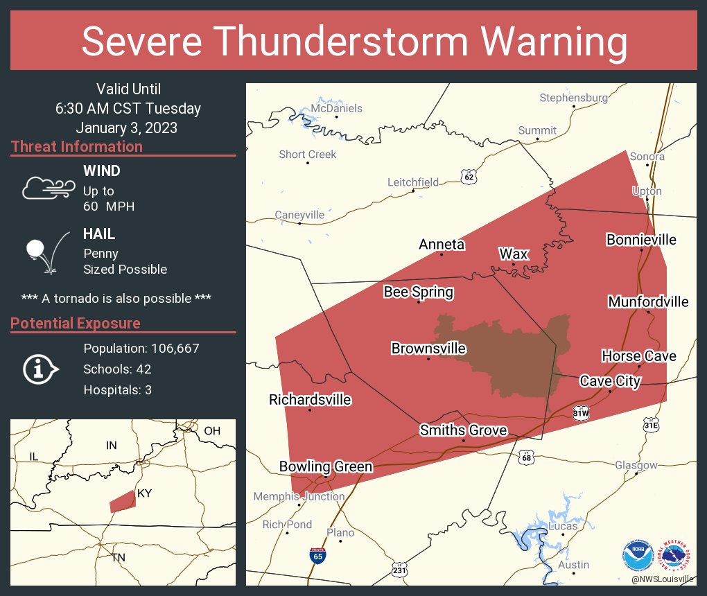 Severe Thunderstorm Warning including Bowling Green KY, Horse Cave KY and  Cave City KY until 6:30 AM CST