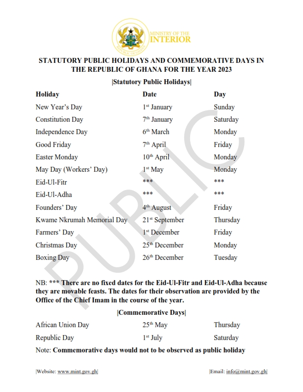 Ministry of the Interior, Ghana on Twitter "Statutory Public Holidays
