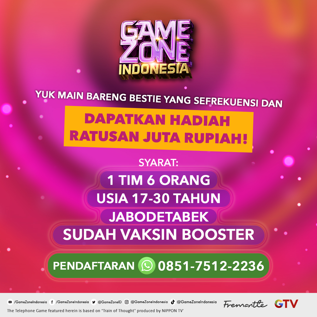 Fremantle Indonesia (@fremantle_id) on Twitter photo Game Show paling ditunggu-tunggu hadir kembali! Sekarang Seru-seruan bareng Bestie bisa dapet hadiah RATUSAN JUTA RUPIAH!🤑💸
Yuk buruan ikutan <a href="/gamezoneid/">Game Zone Indonesia</a> dan ajak temen kamu yang sefrekuensi!
Pendaftaran langsung klik bit.ly/3IhJJTT. <a href="/OfficialGTVID/">OfficialGTVID</a> Game Show paling ditunggu-tunggu hadir kembali! Sekarang Seru-seruan bareng Bestie bisa dapet hadiah RATUSAN JUTA RUPIAH!🤑💸
Yuk buruan ikutan <a href="/gamezoneid/">Game Zone Indonesia</a> dan ajak temen kamu yang sefrekuensi!
Pendaftaran langsung klik bit.ly/3IhJJTT. <a href="/OfficialGTVID/">OfficialGTVID</a>