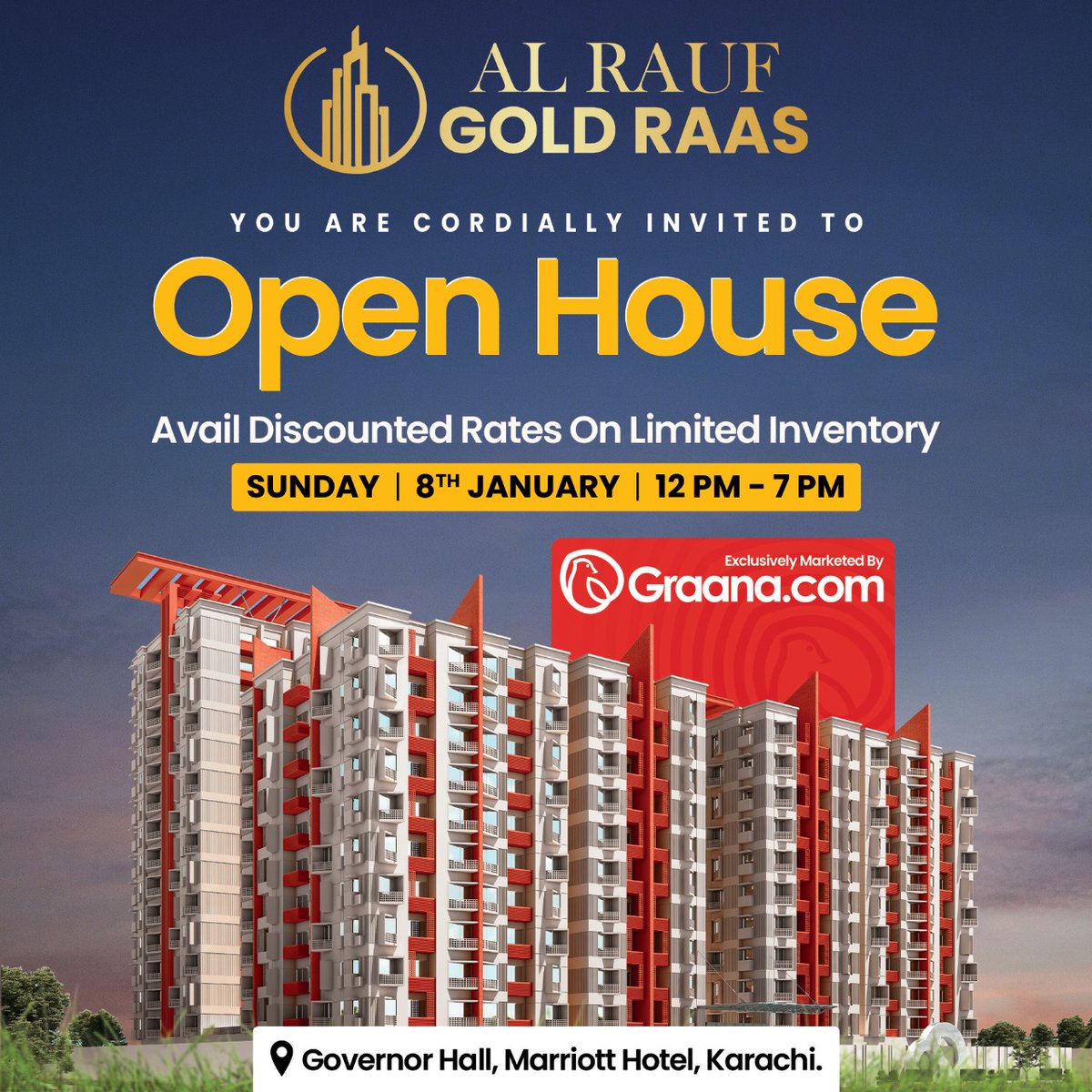 GoldRaas_'s tweet photo. Don’t miss out!
Al Rauf Gold Raas invites you to the Karachi Open House. 
Get ready to avail event-only rates!

Date: 8th January (Sunday)
Timing: 11am - 8pm
Venue: Governor Hall, Marriott Hotel, Karachi

#OpenHouse #GoldRaas #MarketedByGraana https://t.co/Bn9QJ5rAIQ