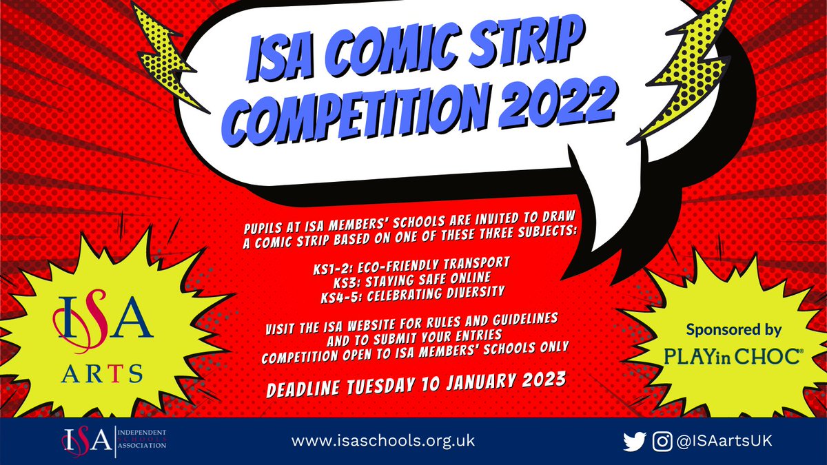 One week left to enter the ISA #ComicStrip Competition! We can't wait to kick off the new year by seeing your students' amazing drawings. Details on the ISA website: isaschools.org.uk/arts/art/comic… Kindly sponsored by <a href="/PLAYinCHOC/">PLAYinCHOC</a>