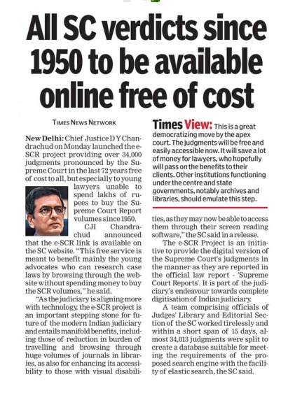 Stepping stone for the future of Modern Indian Judiciary!
#SupremeCourtofIndia launches e-SCR project that makes 34,000 judgements available online. The judgements will be free &amp; easily accessible, especially to young lawyers who make Justice reach the last mile.
<a href="/TOIIndiaNews/">TOI India</a>