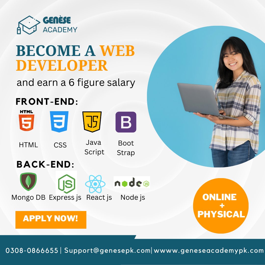 Become a Full Stack Web Developer & Earn a six-Figure salary
Contact us:
📲 Call: 0308-0866655
📌 LAHORE
No.1 Office, 3rd Floor, Arfa Software Technology Park, Lahore, Punjab
#fullstackdeveloper #fullstackdevelopment #FullStackWebDevelopment #FSWD #geneseacademypakistan #GAP