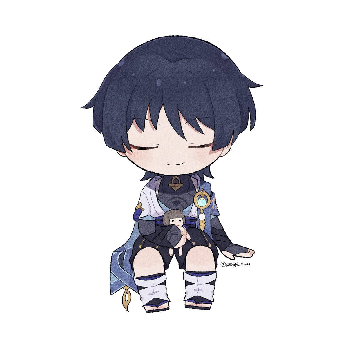 scaramouche (genshin impact) 1boy male focus closed eyes solo sitting chibi white background  illustration images