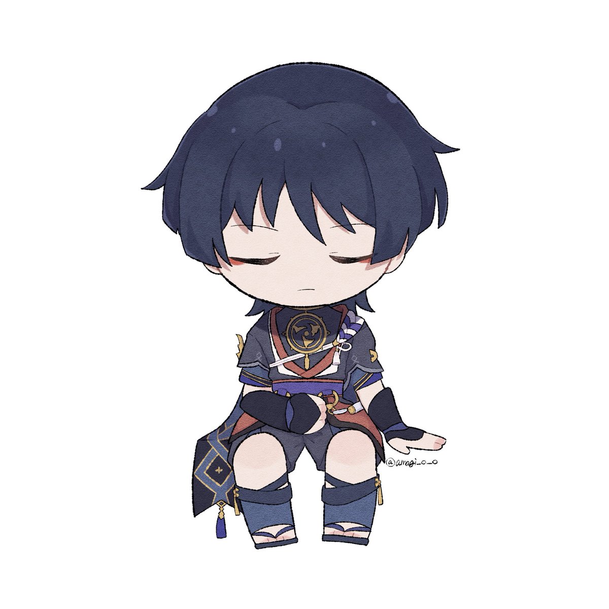 scaramouche (genshin impact) 1boy male focus closed eyes solo sitting chibi white background  illustration images