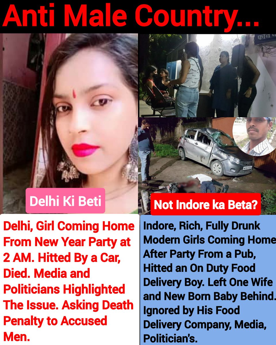 Waah, Mahan Hai Mera Desh Aur yaha ka dogla Media aur Samaj. 

#Kanjhawala #KanjhawalaCase #Delhiaccident #Delhi #DelhiPolice #indore #antimalecountry #GenderBiasedLaws #mentoo #metoo