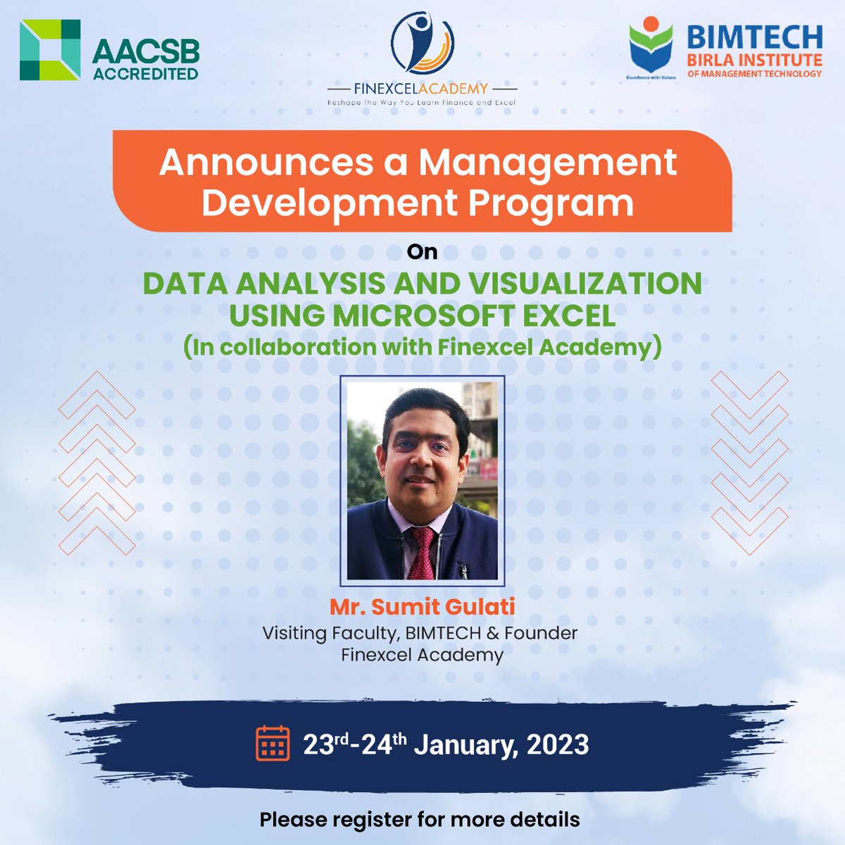 #BIMTECH is pleased to announce a 2-day training programme on “Data Analysis and Visualization Using #Microsoft Excel” in collaboration with Finexcel Academy, on 23 - 24 January, 2023.
 
Please click the link to download the Brochure for more details:
lnkd.in/drWBSEsP