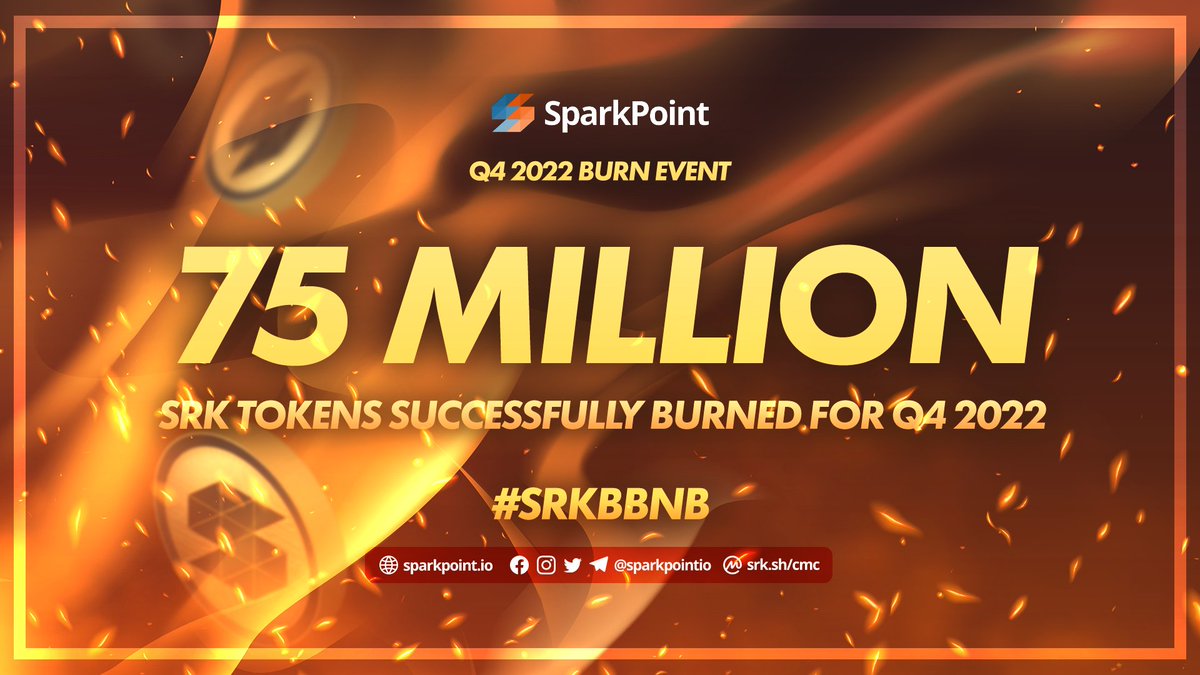 sparkpointio's tweet image. We&apos;ve burned 75M $SRK tokens for the Q4 2022 Token Burn event, #Sparkies! 

Proof of transaction 👇
etherscan.io/tx/0xe88cb1a31…

#SRKBBnB #SparkPoint