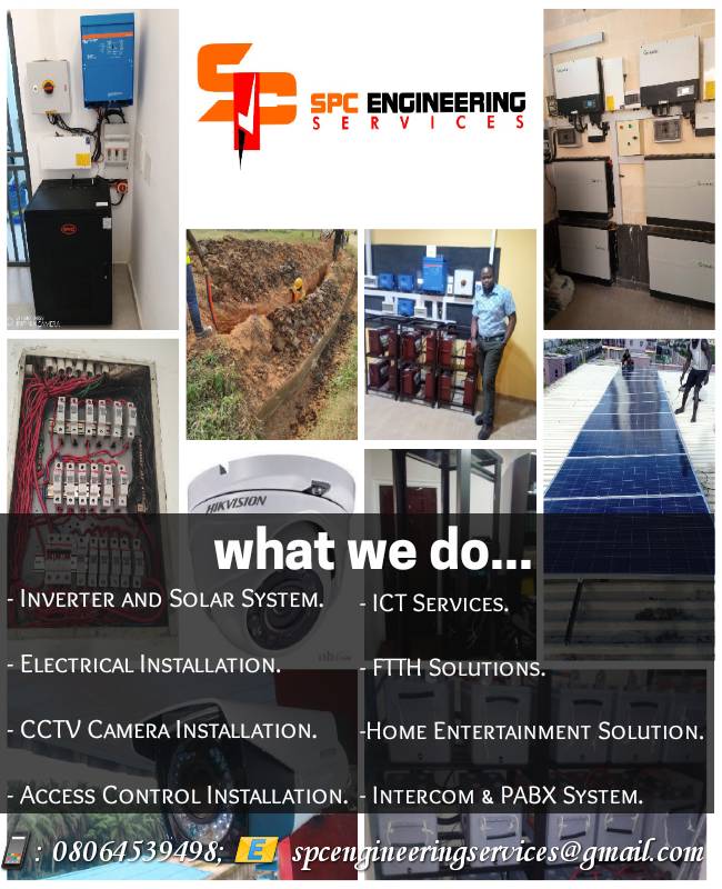 We are your one stop shop for Technical Solutions
✓Renewable Energy Solution (Sales and installation of Inverters, Solar Panels, Batteries, etc).
✓CCTV Cameras and Access Control Installation.
✓Electrical Services, etc.
We deliver nationwide.
Ajah Osun