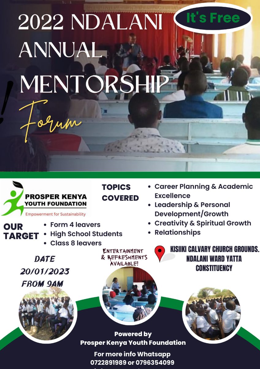 KilonzoFdn's tweet image. The Annual Mentorship Forum is back, this time it's happening at the Kisiiki Calvary Church Grounds and it's absolutely free for school leavers, upper primary and secondary school students. For more information Whatsapp 0722891989. You can't afford to miss this!