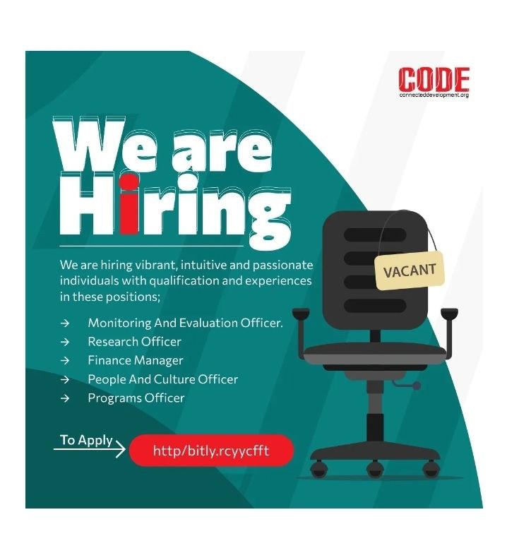 Centralelites's tweet image. Multiple Openings at CODE 

Location: Abuja 

Apply &amp;gt; connecteddevelopment.org/author/admin/

#Nigeria #FCTAbuja #Abujajobs #AbujaTwitterCommunity #opportunities