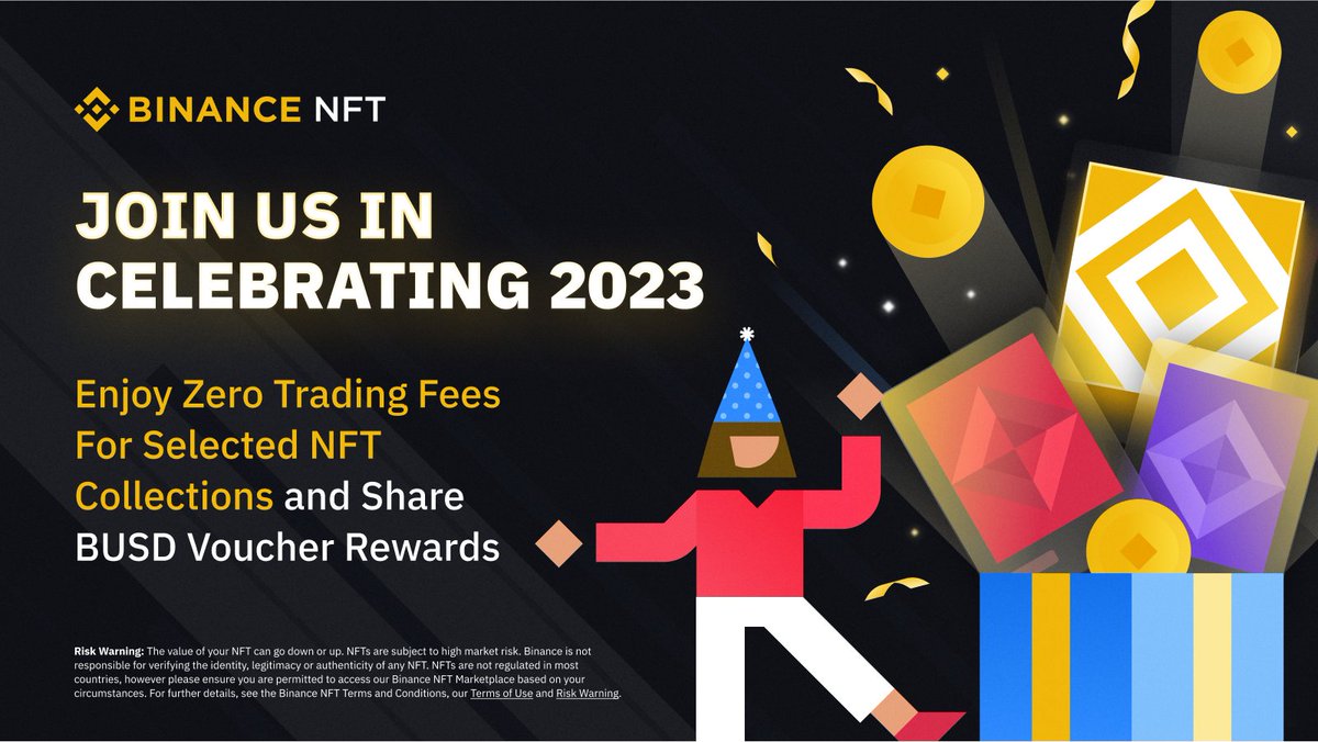 binance's tweet photo. To celebrate the new year, @TheBinanceNFT is running two promotions for users to enjoy! 

🔸 Zero Trading Fees for selected NFT collections 
🔸 List Blue-Chip NFTs to share up to 40,000 #BUSD

Get started ➡️ https://t.co/j1OJT2JDKE https://t.co/QpAcul5AEd