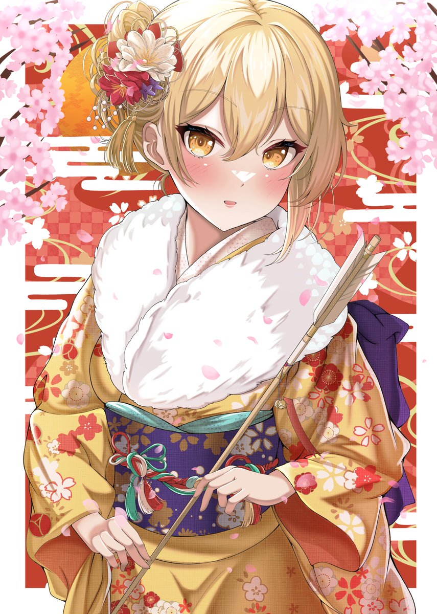 1girl japanese clothes kimono solo blonde hair hair ornament hair flower  illustration images