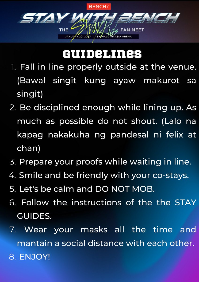 staybyHAN's tweet photo. STAY CORNER at #StayWithBENCH Stray Kids Fanmeeting!

Please read the details and guidelines below. If you have a question, you may reply or dm me! Changes and updates will be posted under the hashtag, #SKZFMerchCorner

See you stays!

#BENCHxSTRAYKIDS #StrayKids https://t.co/irNs9NRCjP