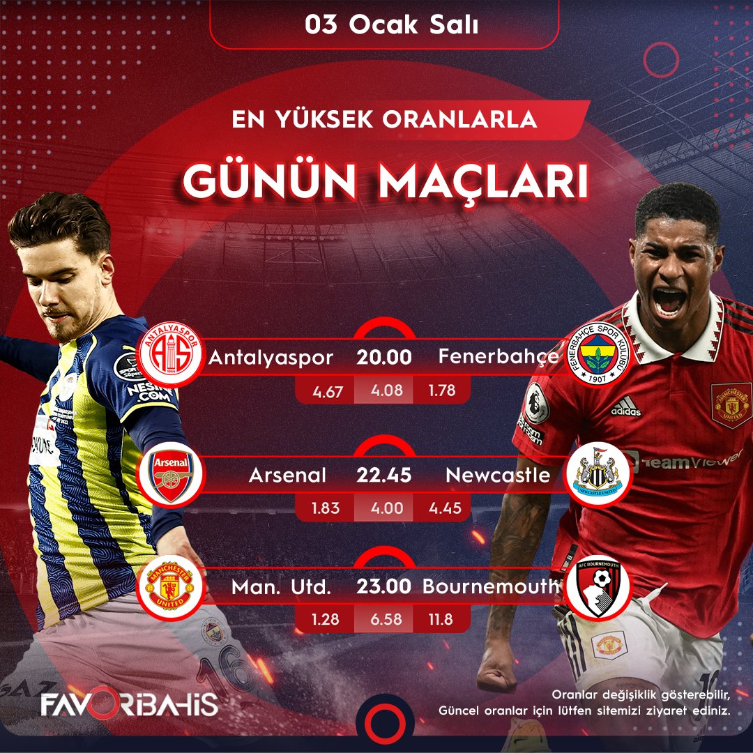 💥 Günün Öne Çıkan Maçları;

⚽️ 20:00  Antalyaspor | Fenerbahçe
⚽️ 22:45 Arsenal | Newcastle
⚽️ 23:00  Man.Utd |  Bournemouth

❣️En yeni oyunlar ve yüksek oranlı bahis seçenekleri PronetGaming farkı ile #Favoribahis'te.!

🔗  favoriguncel.com/sosyal