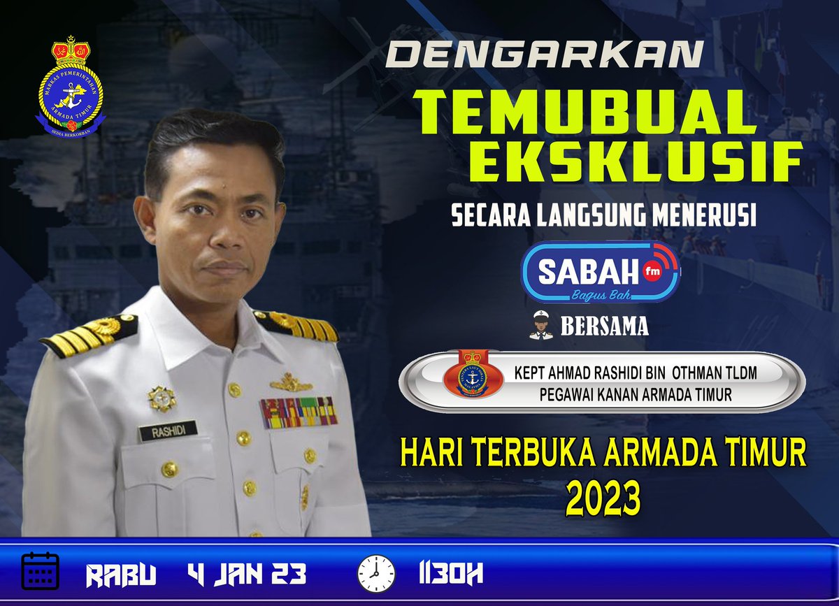 MPA_Timur's tweet photo. Ahoy.

Dengarkan temubual ekslusif @mysabahfm esok, Rabu pada jam 11.30 pagi bersama Kept Ahmad Rashidi Othman TLDM, Pegawai Kanan #ArmadaTimur mengenai topik Hari Terbuka Armada Timur di Sepanggar 14-15 Jan ini.

#NavyUpdate
#HTAT23 https://t.co/TFBJq9fUEu