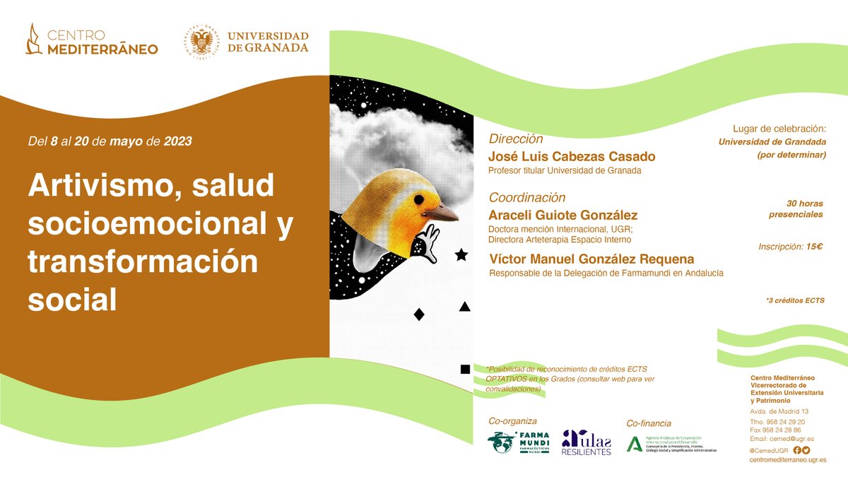 farmamundi's tweet image. 👩🏽‍🎨Si uno de tus propósitos de año nuevo es seguir formándote aquí te dejamos el #curso “#Artivismo, salud socioemocional y transformación social”.

📆08/05/2023 al 20/05/2023
📍 Universidad de Granada @CanalUGR  
✏️Inscripciones: cemed.ugr.es/curso/23gr01/