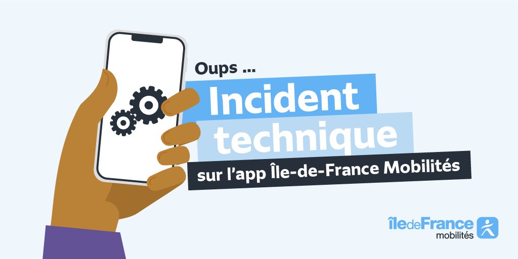 IDFmobilites's tweet photo. 📲 Souci technique sur l'application Île-de-France Mobilités concernant l'achat de vos titres. 
Nos équipes travaillent à sa résolution dans les plus brefs délais. 🕦 Nous vous tenons informés. 
Merci pour votre compréhension. https://t.co/SpHyx8kWvB