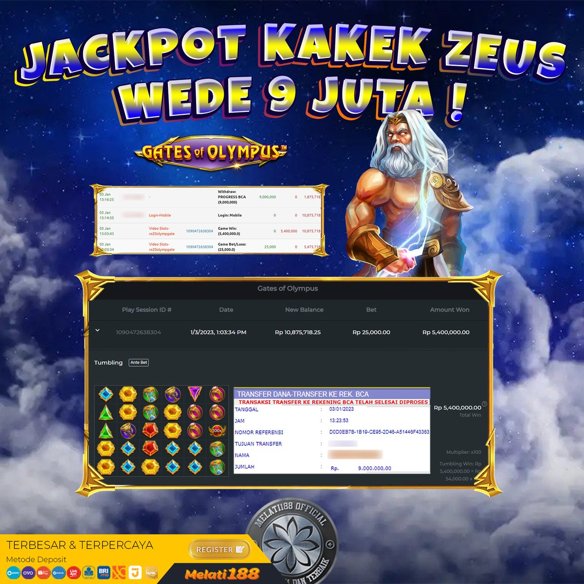 melatibet's tweet photo. WD 9 JUTA !!! AWAL TAHUN GACOR BANGET !

ID : A****3
WD : 9,000,000
GAME : Gates of Olympus - Pragmatic

#pragmatic #pgsoft #slotgacor #maxwin #gacor #kakekzeus #rungkad #slotindonesia #pragmaticlive #thegreaticescape #sweetbonanza #gatesofolympus #maxwin #maxwinslot https://t.co/bHCbXReRB0