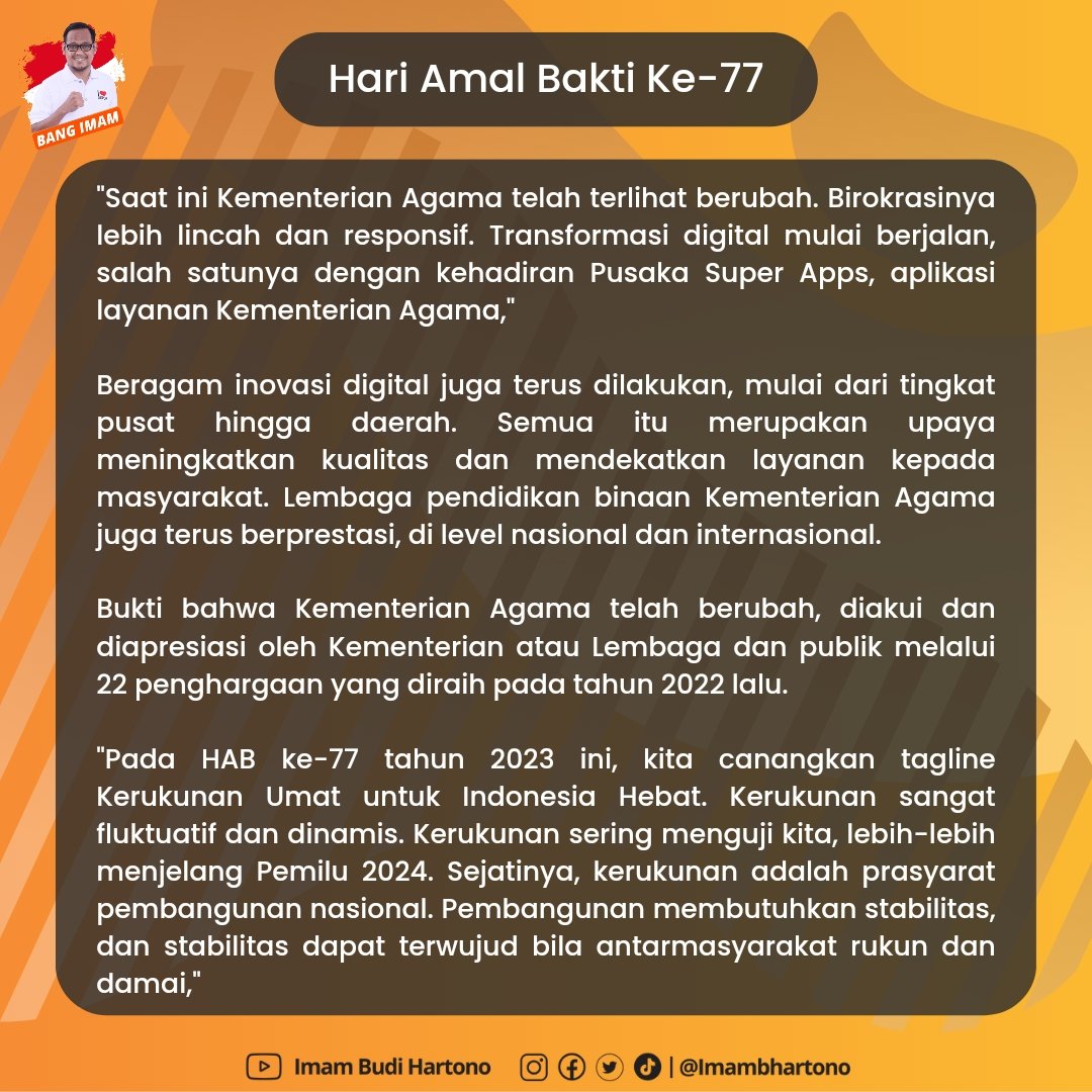 ImamBHartono's tweet photo. Pada hari ini saya bertindak sebagai inspektur upacara pada Peringatan Hari Amal Bakti (HAB) ke-77 Kementerian Agama (Kemenag) Tingkat Kota Depok di Lapangan Upacara Balai Kota Depok.
#hariamalbakti #habkemenag #kotadepok #bangimam #ibh https://t.co/O13KlIVGZD