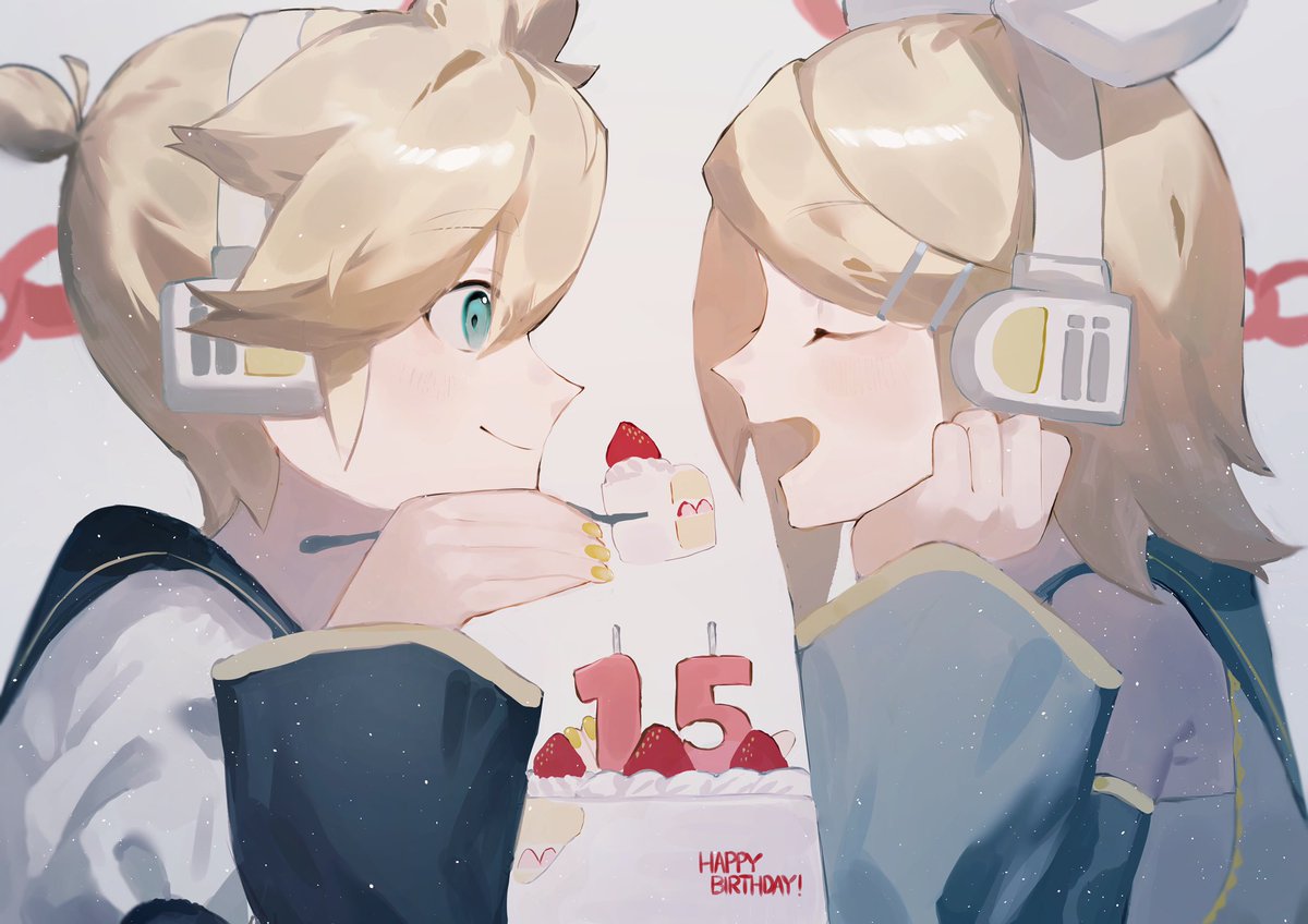 kagamine len ,kagamine rin 1girl 1boy blonde hair food cake sailor collar short ponytail  illustration images