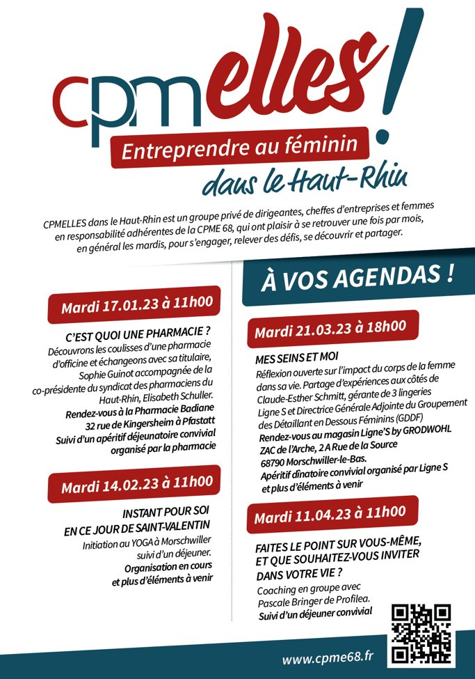 Cpme68's tweet photo. Bonne année au réseau féminin #CPMELLES dans le #HautRhin qui vous partage son programme quadrimestriel 2023.
Un début d'année qui mettra à l'honneur 4 femmes chefs d'entreprise et des thématiques et réflexions choisies par le groupe en décembre dernier.
https://t.co/Ro6oNFtJag https://t.co/KdQEvvRmJs