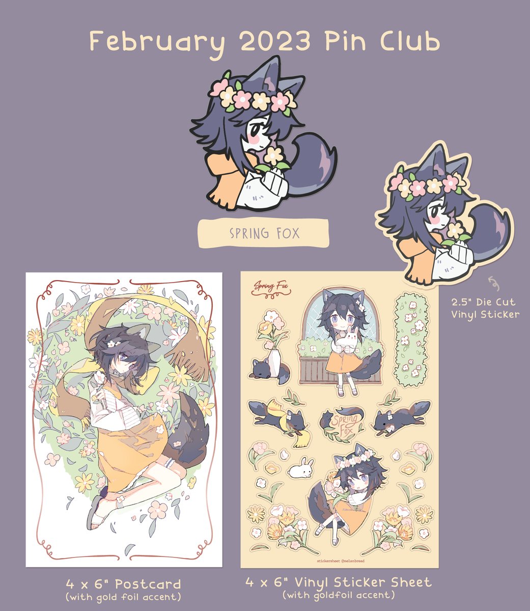 February's Patreon theme is "Spring Fox" featuring arctic fox's spring outfit.
This month's merch will be a pin, postcard w/ rose gold foil, sticker sheet w/ rose gold accents and a vinyl sticker. Pledge during the month of February to get it shipped.