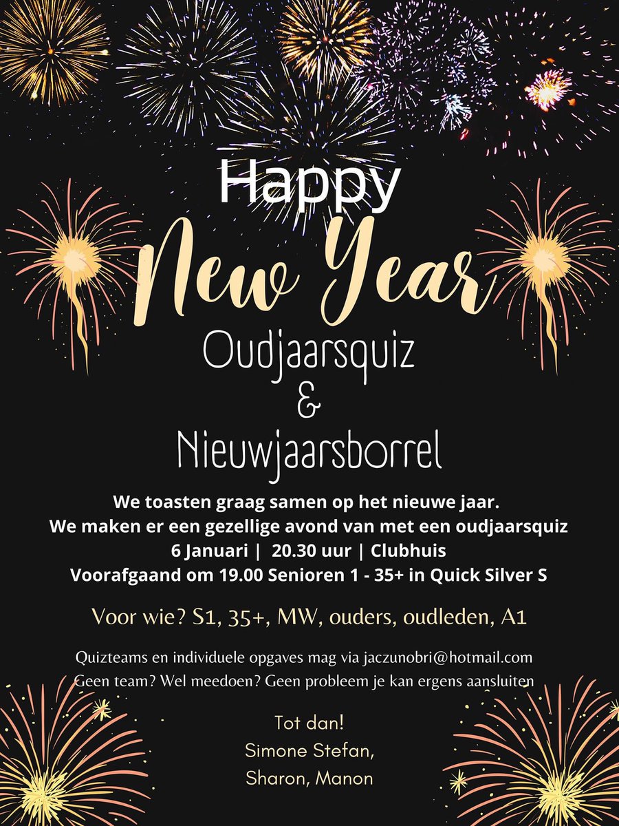 Senioren en oudleden van harte welkom vrijdag 6 januari 20.30 nieuwjaarsborrel en quiz