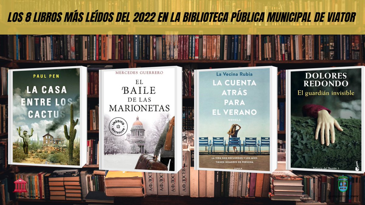 👏👏 Ya estamos en 2023!!

🥇🥈🥉 Os compartimos los 8 libros más leídos por nuestr@s usuari@s de la Biblioteca municipal de Viator, del pasado año 2022.

📗📘¿Y tú, has leído alguno de estos libros?

<a href="/ManuelJAlcalde/">Manuel Jesús</a>
<a href="/culturaviator/">CulturaViator</a>
<a href="/viatoraldia/">Ayuntamiento de Viator</a>