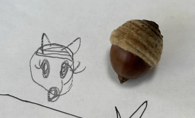 拾ったどんぐりからインスパイアされて生まれたキツネ 