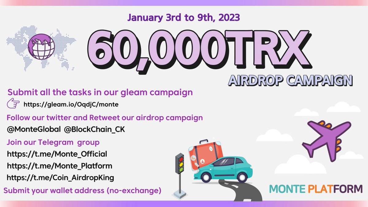 #Monte_Platform is running a massive 60,000TRX #airdrop campaign in  tokens!

Join our gleam competition:
🔗gleam.io/OqdjC/monte

Follow all the rules and tag your friends to join the airdrop campaign!