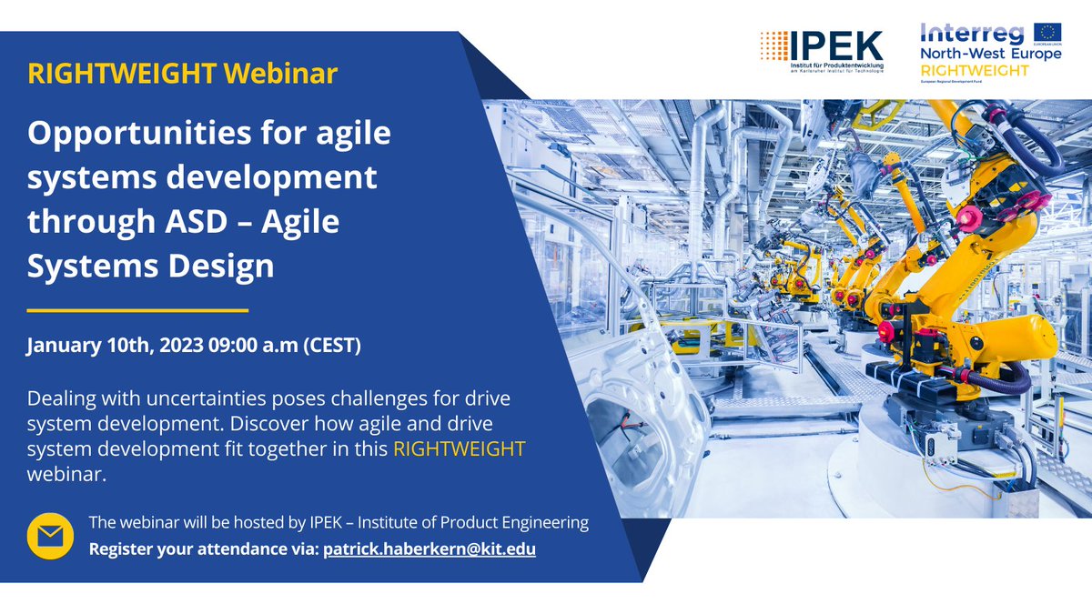 Start the year in the RIGHT way! Join the RIGHTWEIGHT webinar hosted by IPEK Institute of Product Engineering on the 10th of January at 9:00am 💡

Agile and drive system development - how do they fit together? Learn how in our upcoming webinar!
Register: patrick.haberkern@kit.edu