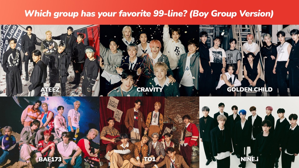 Kooky Spotlight Vote!

Which group has your favorite 99-Line? -Boy Group Edition 💫

Winner will be the focus for this Friday's winner article!

Vote now until Jan 10th 12pm KST
📲: kookyapp.page.link/6oAQ

#ATEEZ #CRAVITY #GOLDENCHILD #BAE173 #TO1 #NINEi
