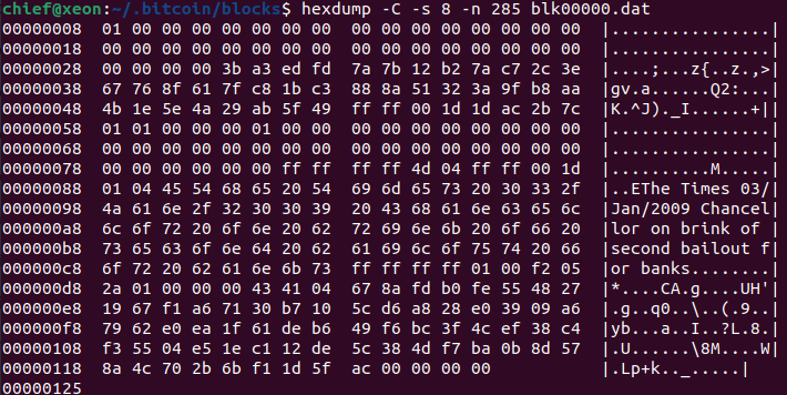 Happy #bitcoin birthday!

hexdump -C -s 8 -n 285 blk00000.dat