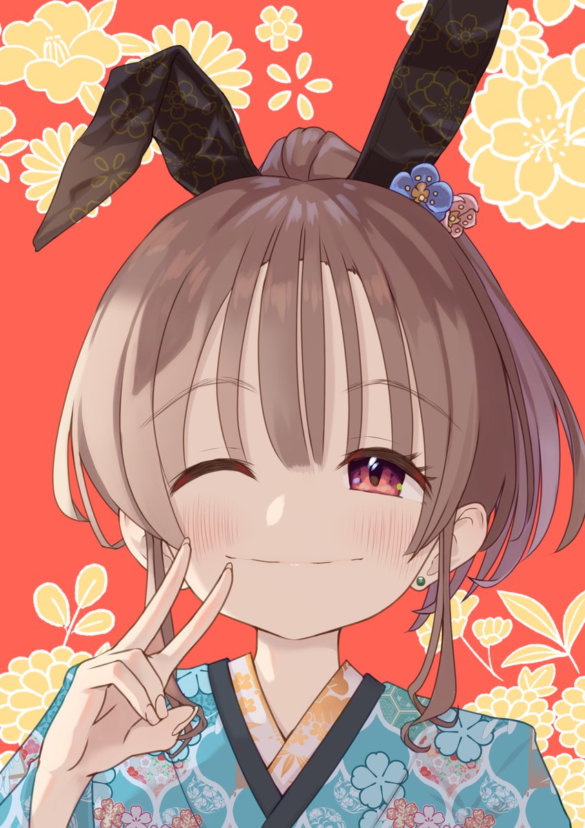 1girl one eye closed japanese clothes solo kimono brown hair rabbit ears  illustration images