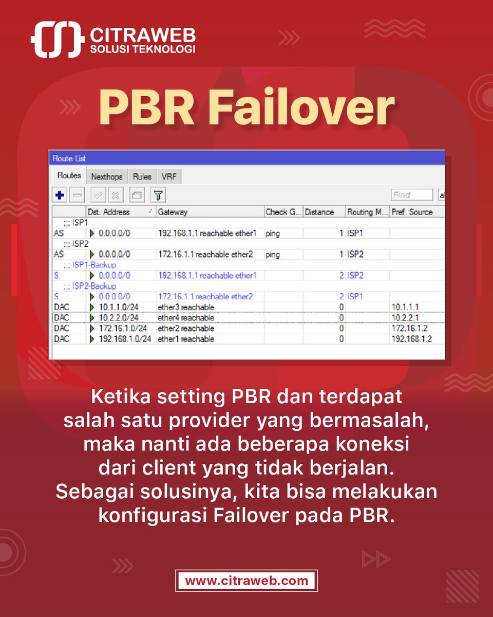 mikrotik_id's tweet image. PBR (Policy Based Route) merupakan fitur yang berfungsi untuk memetakan jalur berdasarkan alamat IP asal, IP tujuan, atau berdasarkan koneksi (port dan protokol).

Pelajari selengkapnya melalui: 
📔citraweb.com/artikel_lihat/…

#PolicyBasedRoute #Failover #MikroTik #CitrawebTutorial