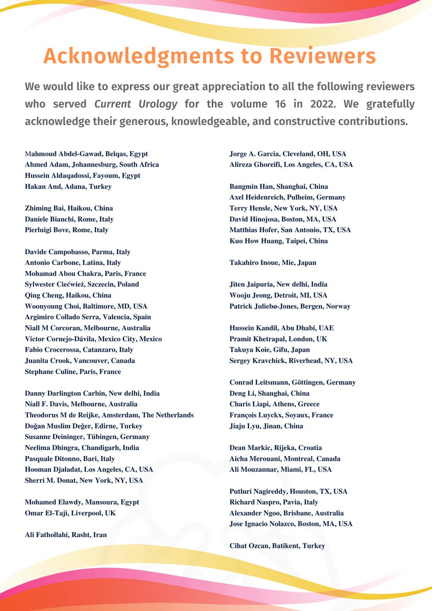 Current_Urology's tweet photo. #Acknowledgments to Reviewers in 2022
We would like to express our great appreciation to all of the following reviewers who served #CurrentUrology for the Volume 16 in 2022. The editorial office can provide reviewer certificate if anyone needs.
https://t.co/kKG3NNvmtb https://t.co/mNzlpfVXuR