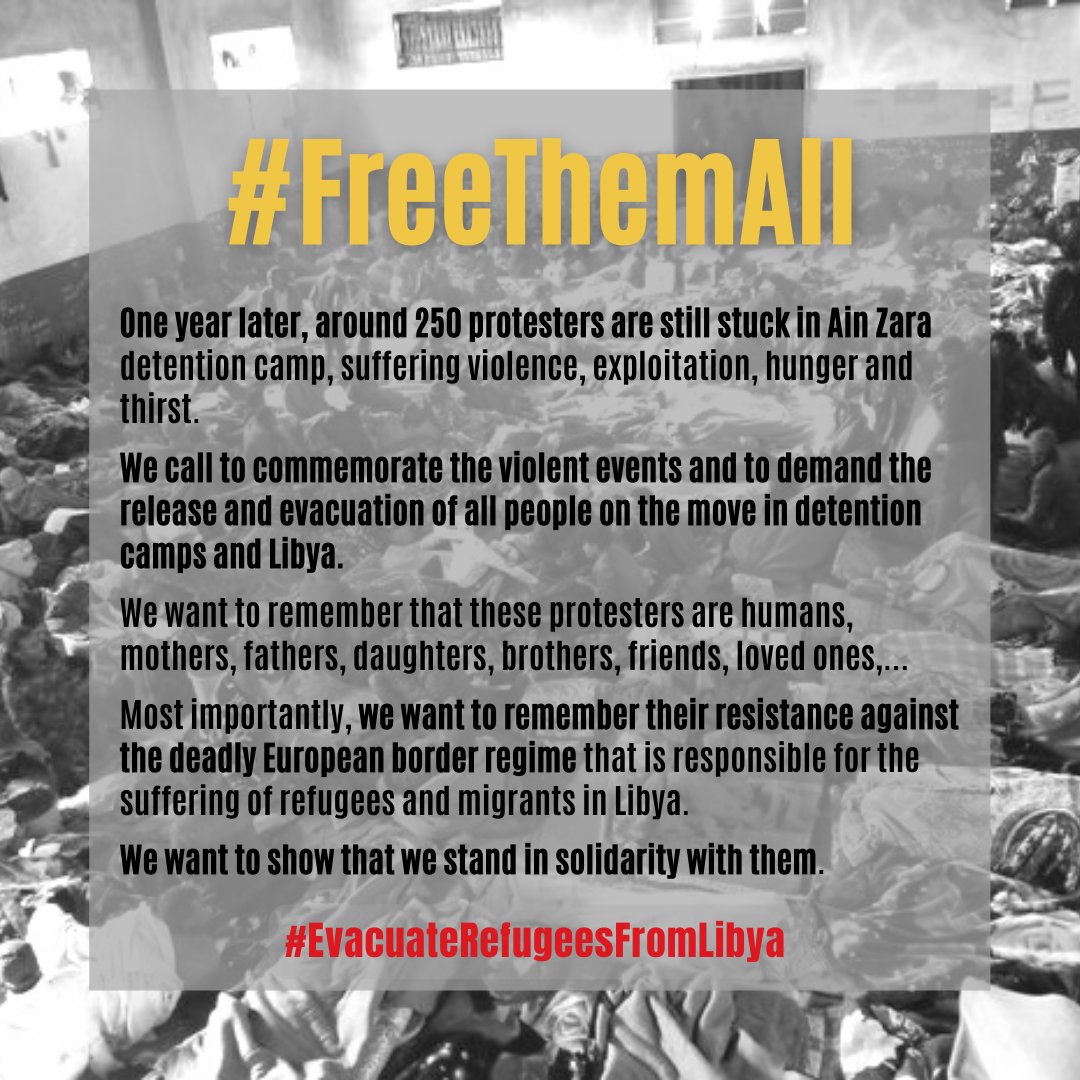 Alliance_SRL's tweet photo. #FreeThemAll Free all the peaceful protesters of @RefugeesInLibya imprisoned since one year for demanding protection and evacuation to safety

📅 10 January 2023 16:00 CET
📍 Berlin: UNHCR Germany - Zimmerstr. 79/80
#EvacuateRefugeesFrom #LibyaLibyaIsNotSafe https://t.co/P2BpkrLTcl