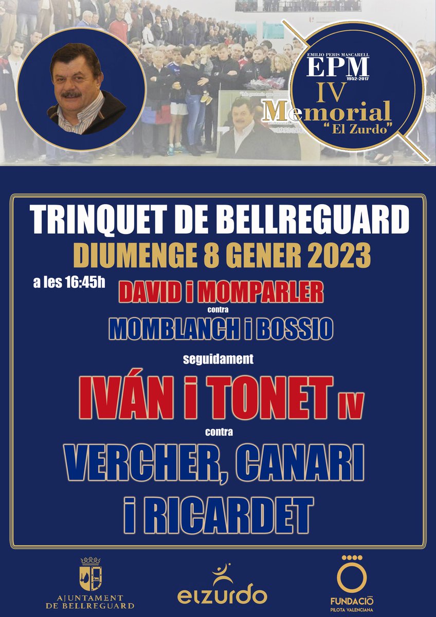 🗓DIUMENGE 8 GENER 2023🗓
                 IV MEMORIAL 
   🙌🏻EMILIO PERIS "EL ZURDO"🙌🏻
Al @ZURDOPILOTA DE BELLREGUARD🏟
No s'ho poden perdre, els esperem a tots.
#memorialEPM #raspalltop #pilotamola 
#pilotavalenciana #tardeoselzurdo 
#semprealnostrecor