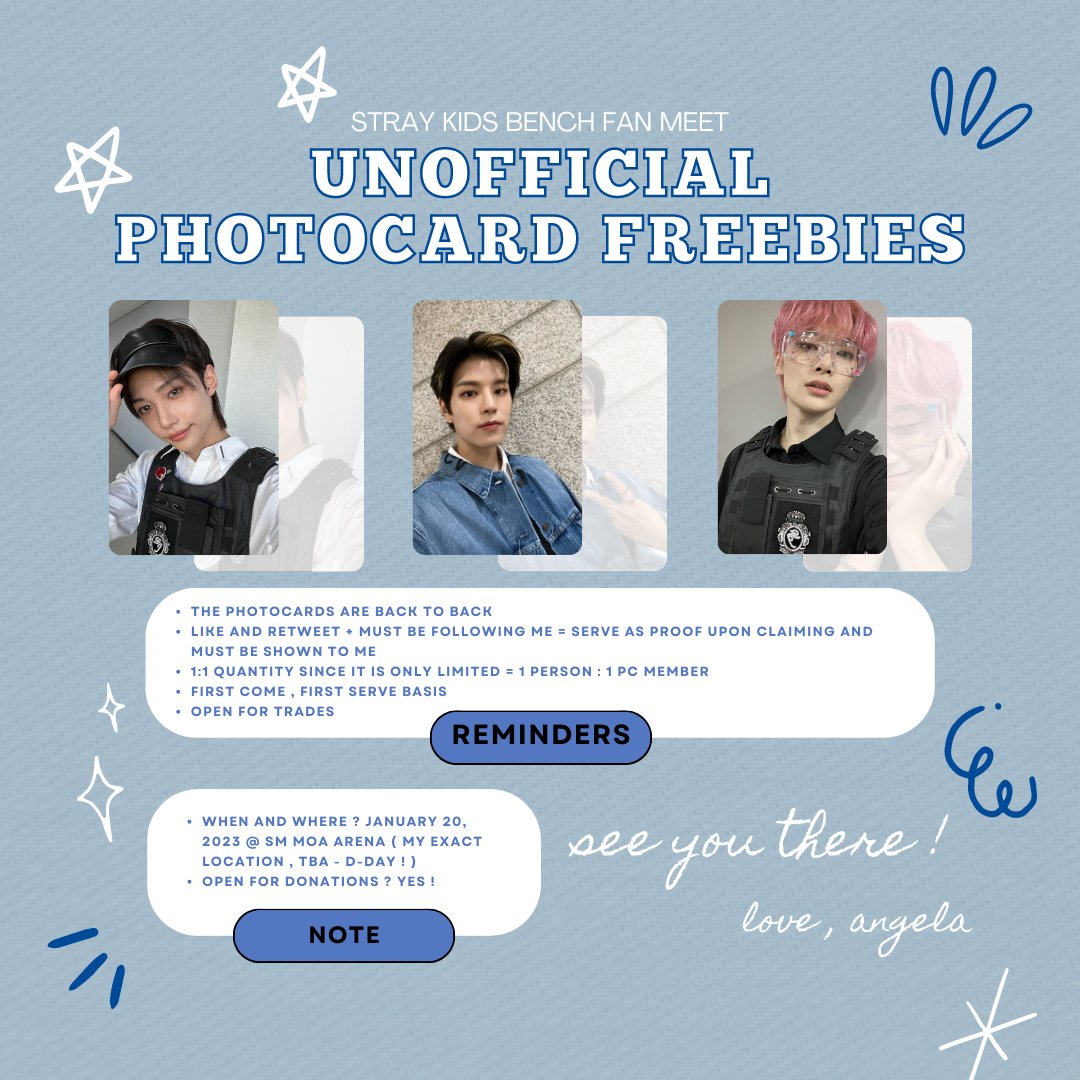 ˚ ༘♡ stray kids bench fan meet freebies by <a href="/dearestseungjin/">angela</a> for team fan meet and team labas ₊˚ˑ༄

➼ kindly check and read the post below for details 

thank u so much and see u stays @ d-day !

#BENCHxSTRAYKIDS #StrayKidsxBench <a href="/Stray_Kids/">Stray Kids</a>