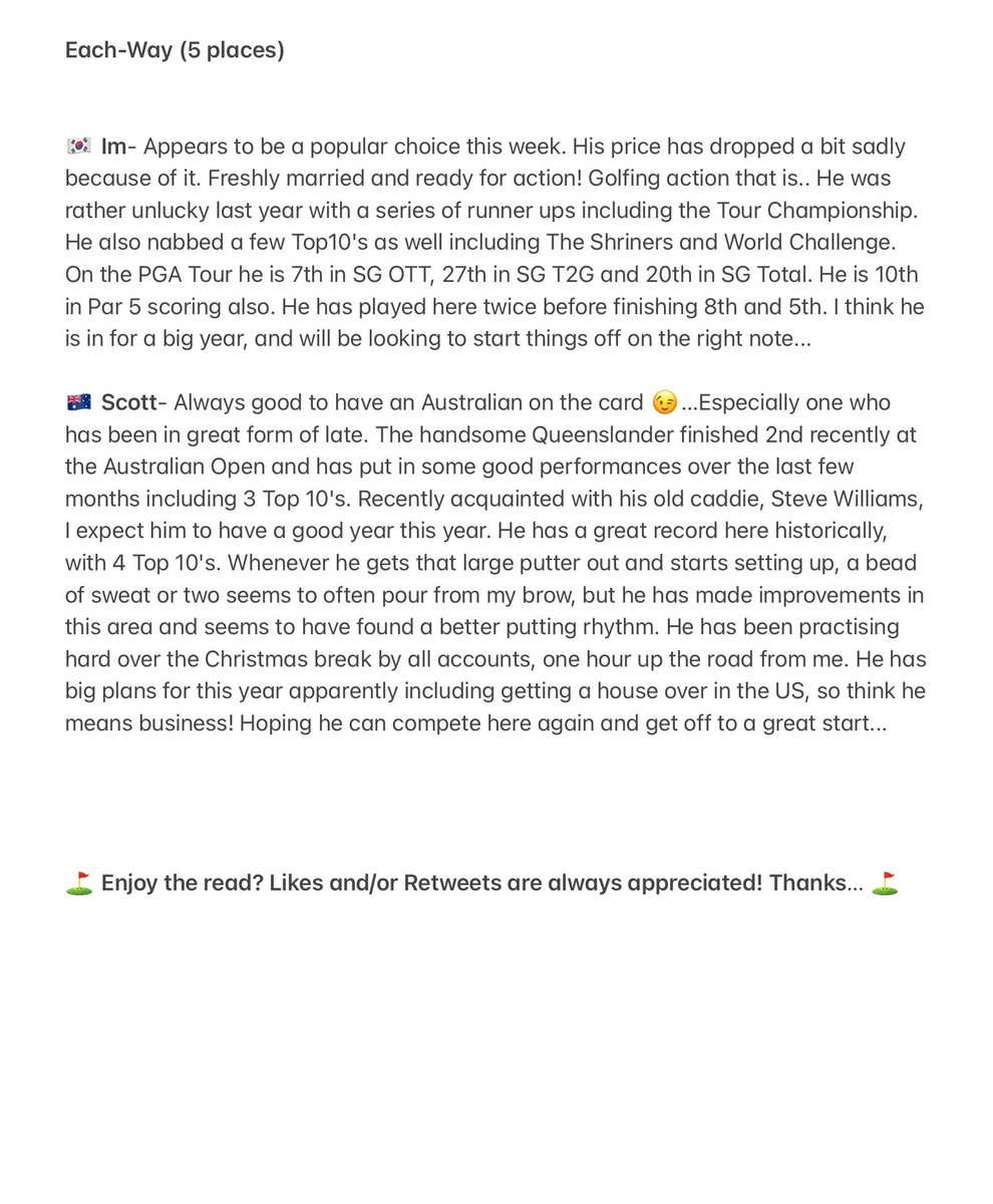 Golfnutter3's tweet image. Happy New Year! 🎉

Bets #sentryToC 🇺🇸⛳️

Outright (w/out Rahm)

🇺🇸 JT 11 (8pts)
🇺🇸 Finau 15 (6pts)

Each Way (5 places)

🇰🇷 Im 23 (2.5pts)
🇦🇺 Scott 41 (2.5 pts)

24 pts 📈

⬇️ Reasons ⬇️

#golftips #golfpicks #Golfbets #GamblingTwitter #toc #sentry #pgatour