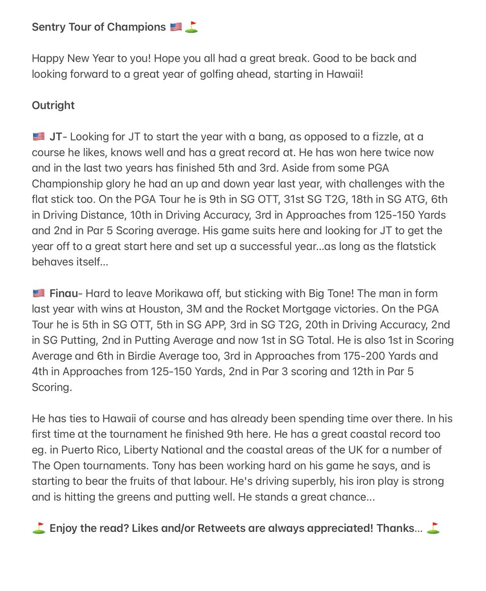 Golfnutter3's tweet image. Happy New Year! 🎉

Bets #sentryToC 🇺🇸⛳️

Outright (w/out Rahm)

🇺🇸 JT 11 (8pts)
🇺🇸 Finau 15 (6pts)

Each Way (5 places)

🇰🇷 Im 23 (2.5pts)
🇦🇺 Scott 41 (2.5 pts)

24 pts 📈

⬇️ Reasons ⬇️

#golftips #golfpicks #Golfbets #GamblingTwitter #toc #sentry #pgatour