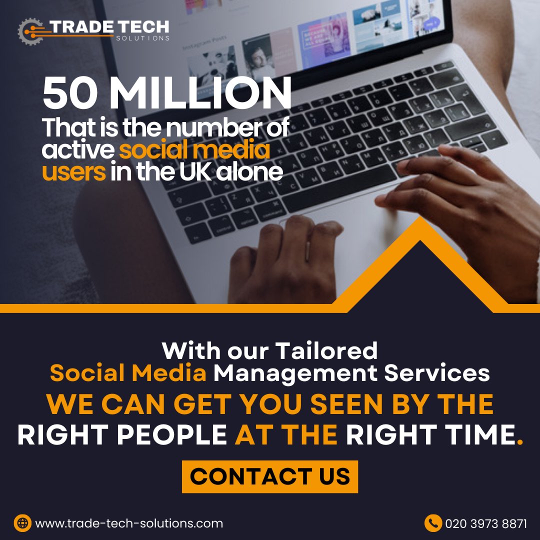 TradeTechLDN's tweet image. 𝟓𝟑 𝐦𝐢𝐥𝐥𝐢𝐨𝐧.

That is the number of active social media users in the UK alone. 

Having a social media presence is essential to every business's growth. 

It can help you connect with previous clients, provide new leads and showcase your work. 

🌐 Trade-Tech-Solutions.com