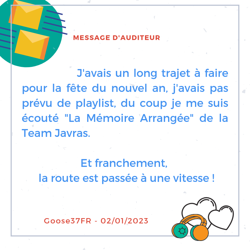 TeamJavras's tweet photo. 💌📬 Un grand merci pour ce message, @Goose37117 ! 😜😍
#LaMemoireArrangee #Auditeur #Podcast #PodcastFr #SagaMP3 #FictionAudio #Spotify #RT #Youtube #Angers #CultureAngers #Impro #MotsDoux #Retour #Commentaire https://t.co/LPnzvLnhaz